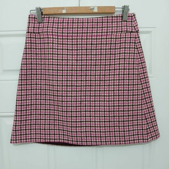 J crew women size 0 wool tweed plaid A-line mini skirt houndstooth pink - Picture 4 of 6